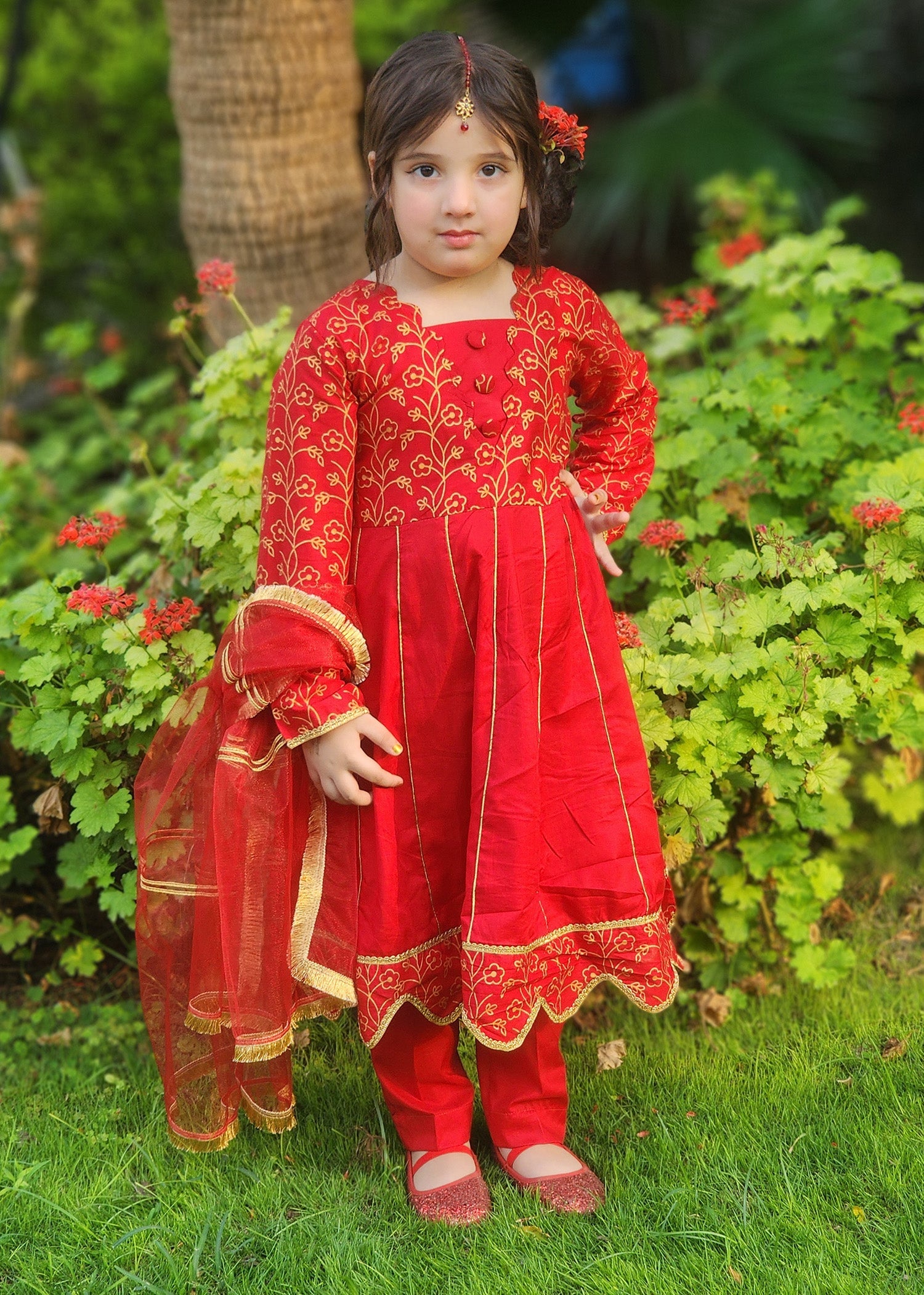Modest Stitched 3 Piece Luxury Festive Kids Collection'2025-Blooming Red