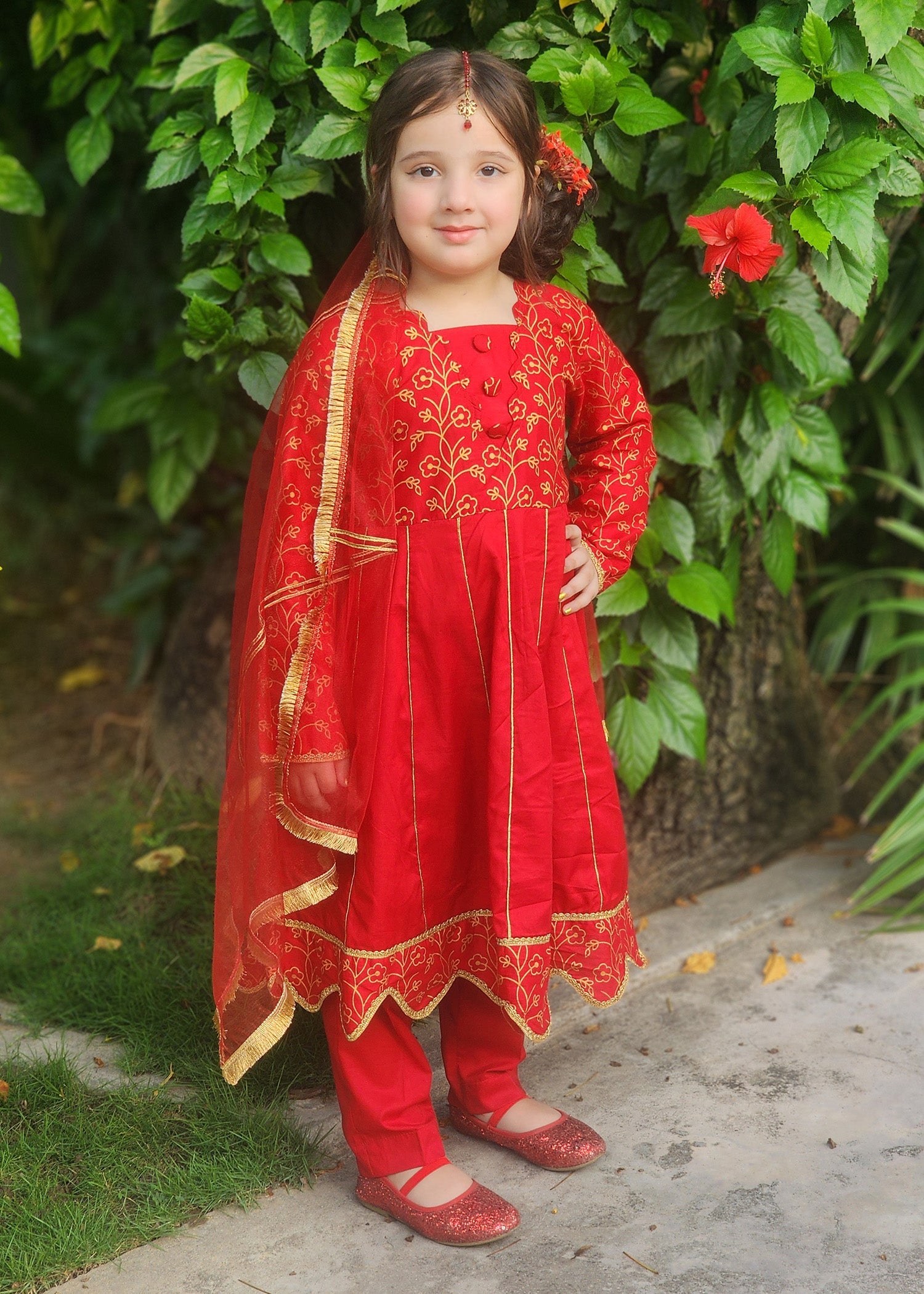 Modest Stitched 3 Piece Luxury Festive Kids Collection'2025-Blooming Red