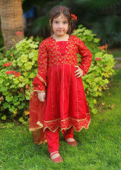 Modest Stitched 3 Piece Luxury Festive Kids Collection'2025-Blooming Red