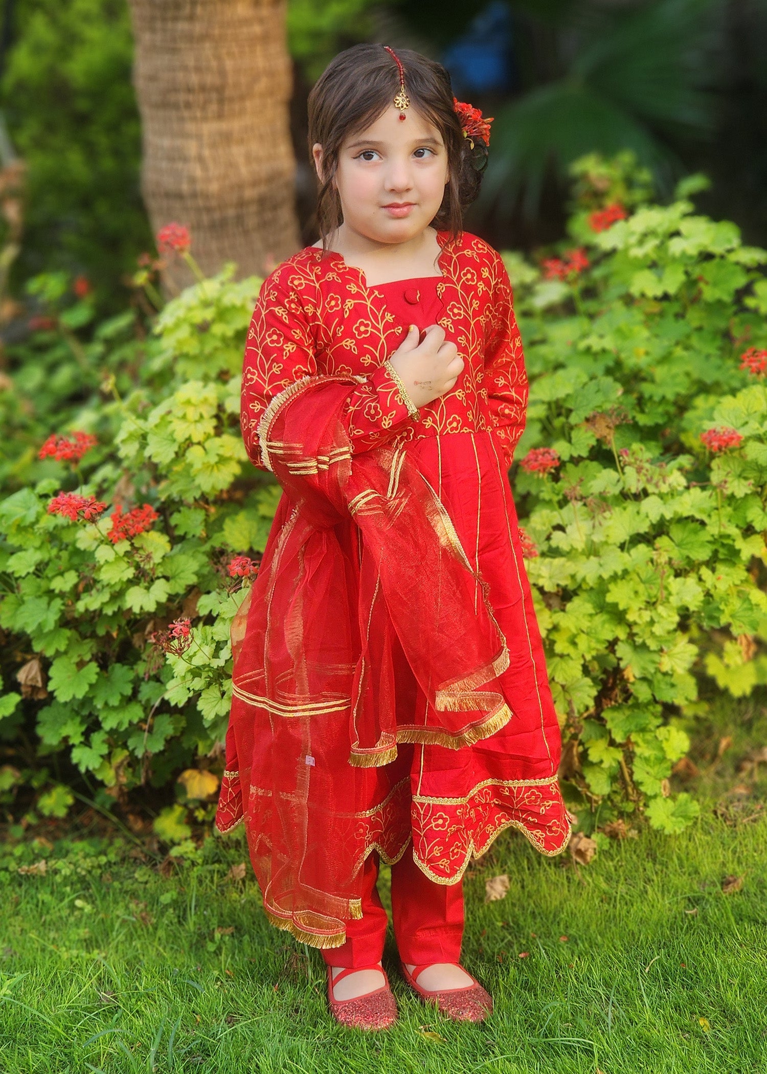 Modest Stitched 3 Piece Luxury Festive Kids Collection'2025-Blooming Red