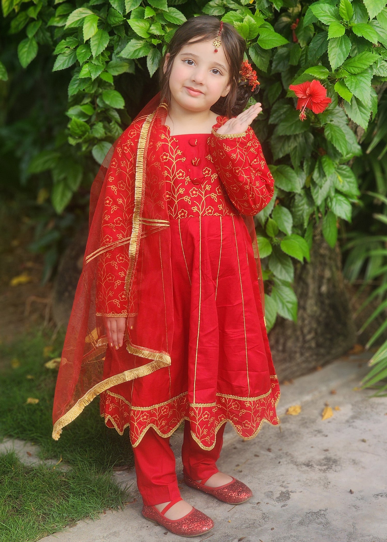 Modest Stitched 3 Piece Luxury Festive Kids Collection'2025-Blooming Red