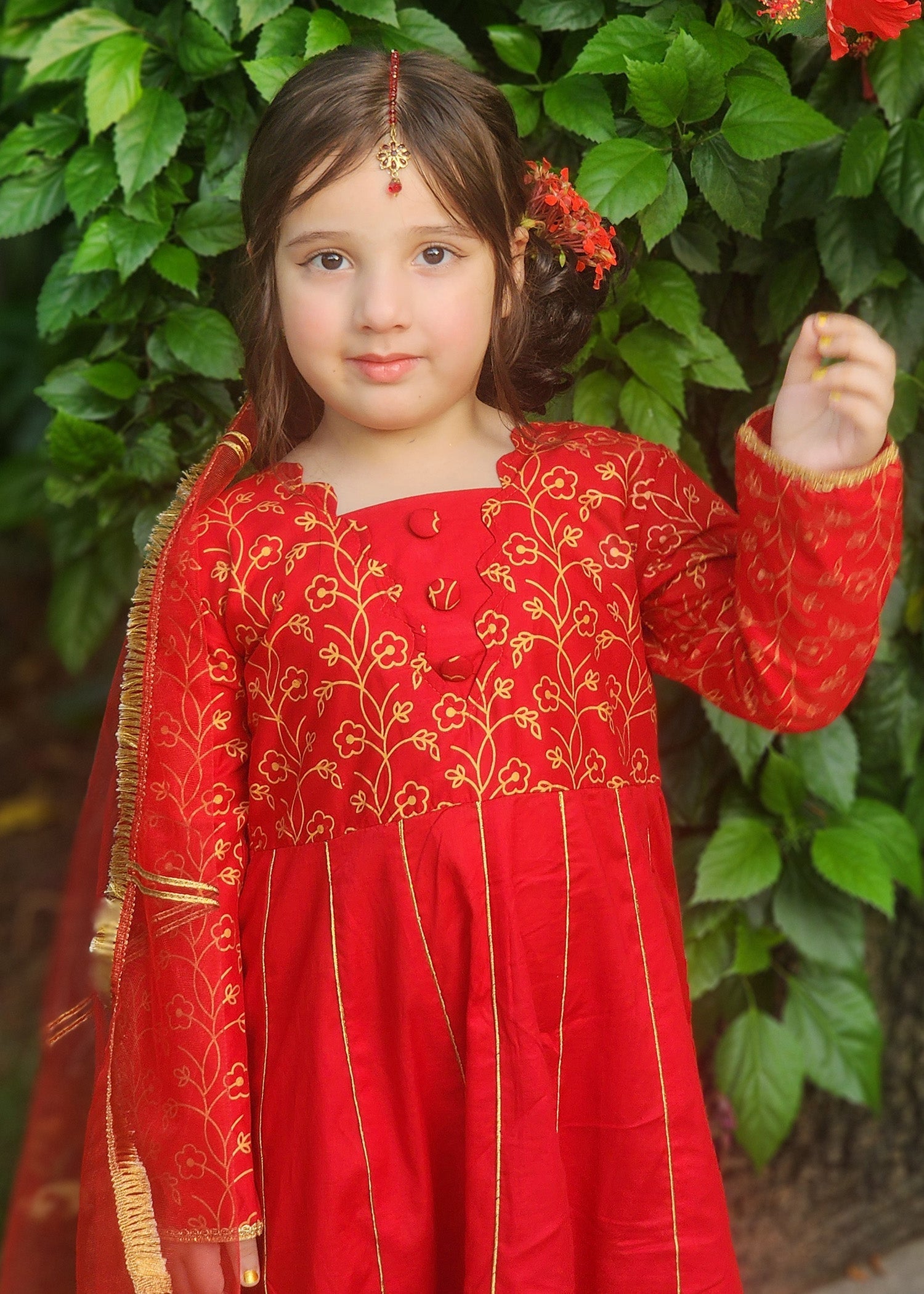 Modest Stitched 3 Piece Luxury Festive Kids Collection'2025-Blooming Red