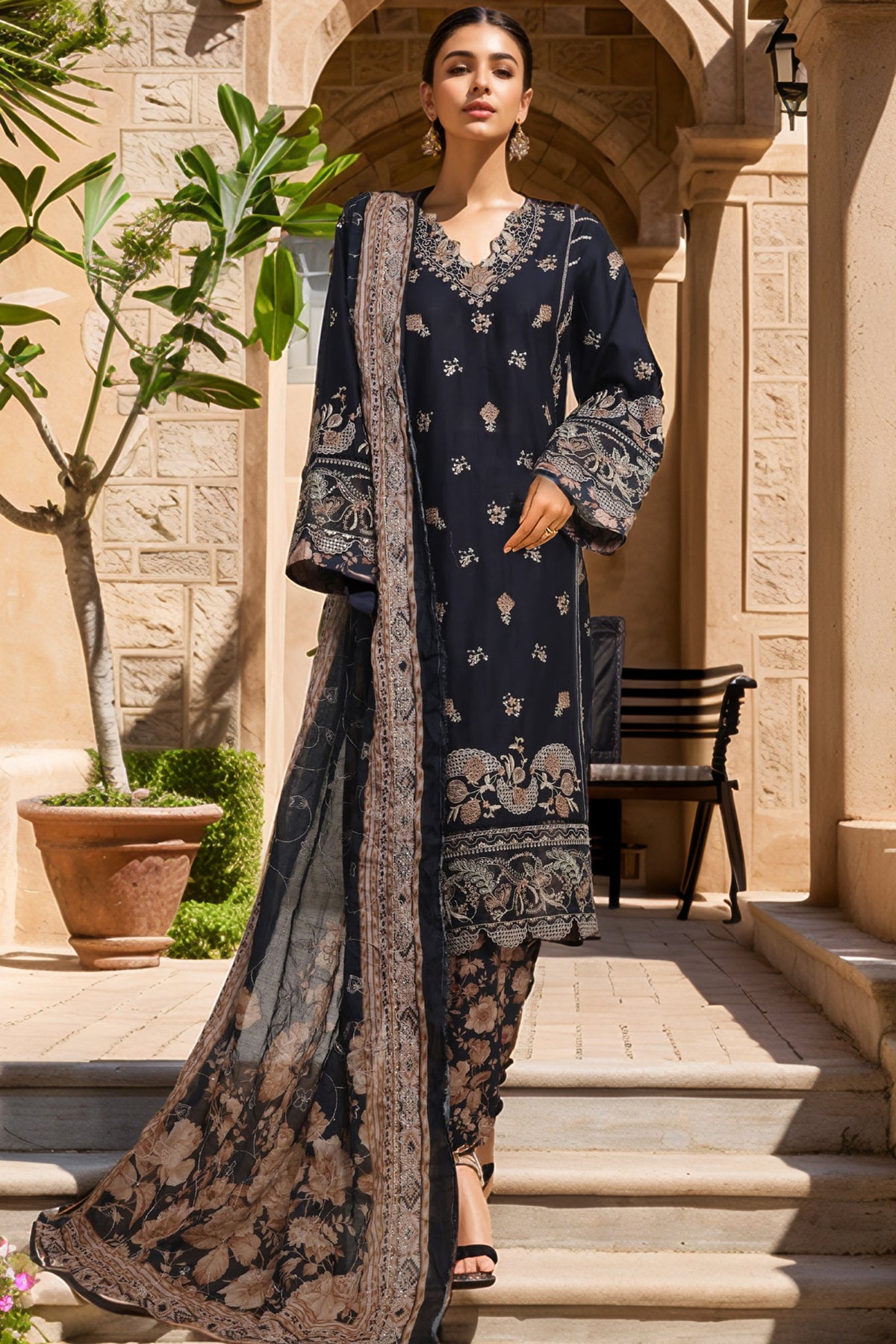 Bin Saeed Stitched 3 Piece Luxury Plain Cotton With Printed Back Vol-02 Collection'2025-NSM-2230-Navy-Blue