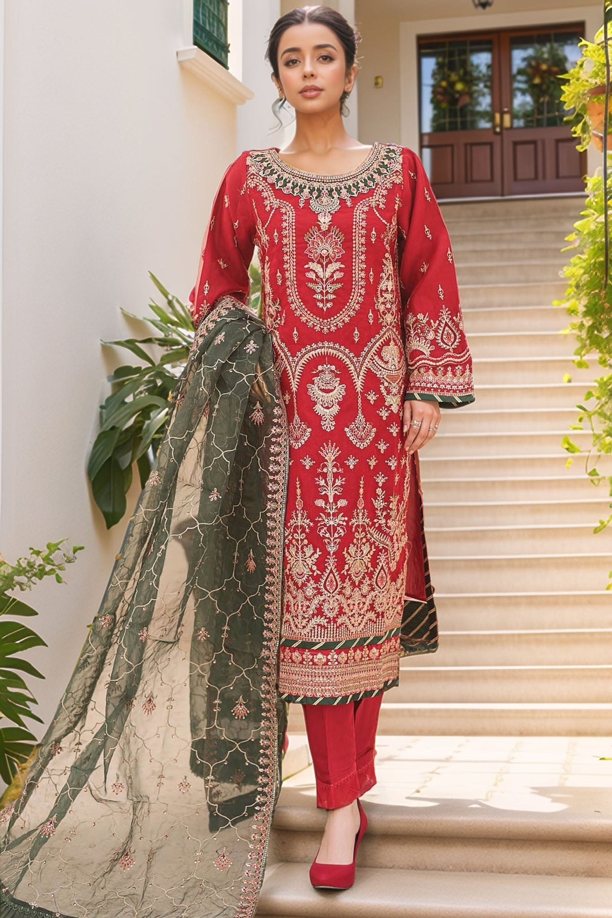 Bin Saeed Stitched 3 Piece Emb Fancy Festive Ramadan Collection'2024-STS-431-Red