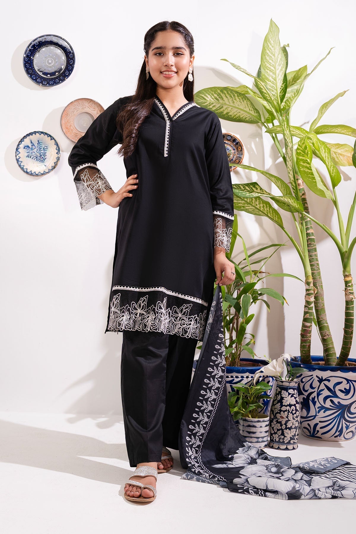 Chic black cotton 3 pc suits for girls â?? stylish monochrome designs perfect for parties, Eid & special occasions. 