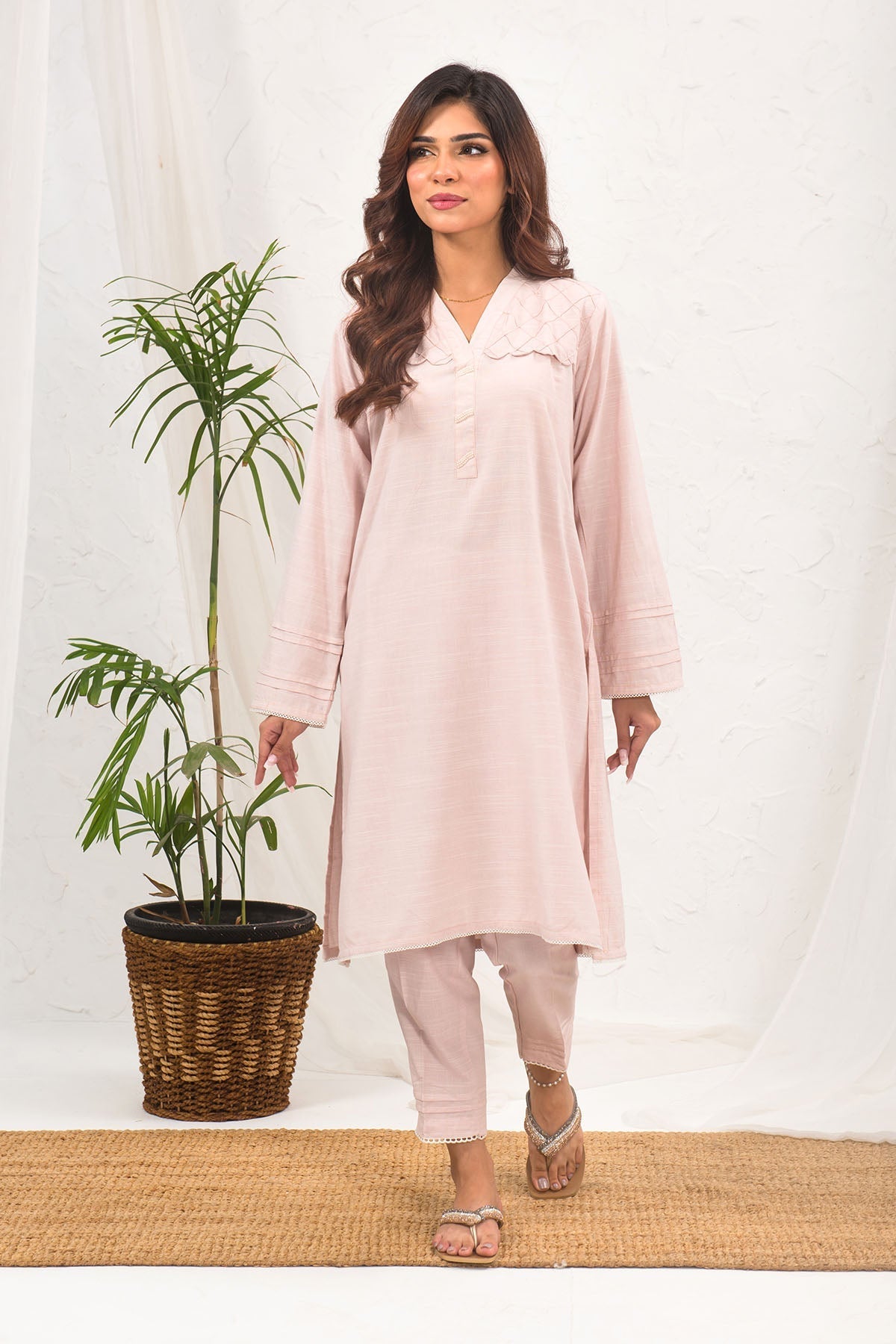 Elegant Cotton Chambray 2 Pc Suit - A modern and comfortable cotton dress design perfect for casual and semi-formal wear with a fresh, trendy look.