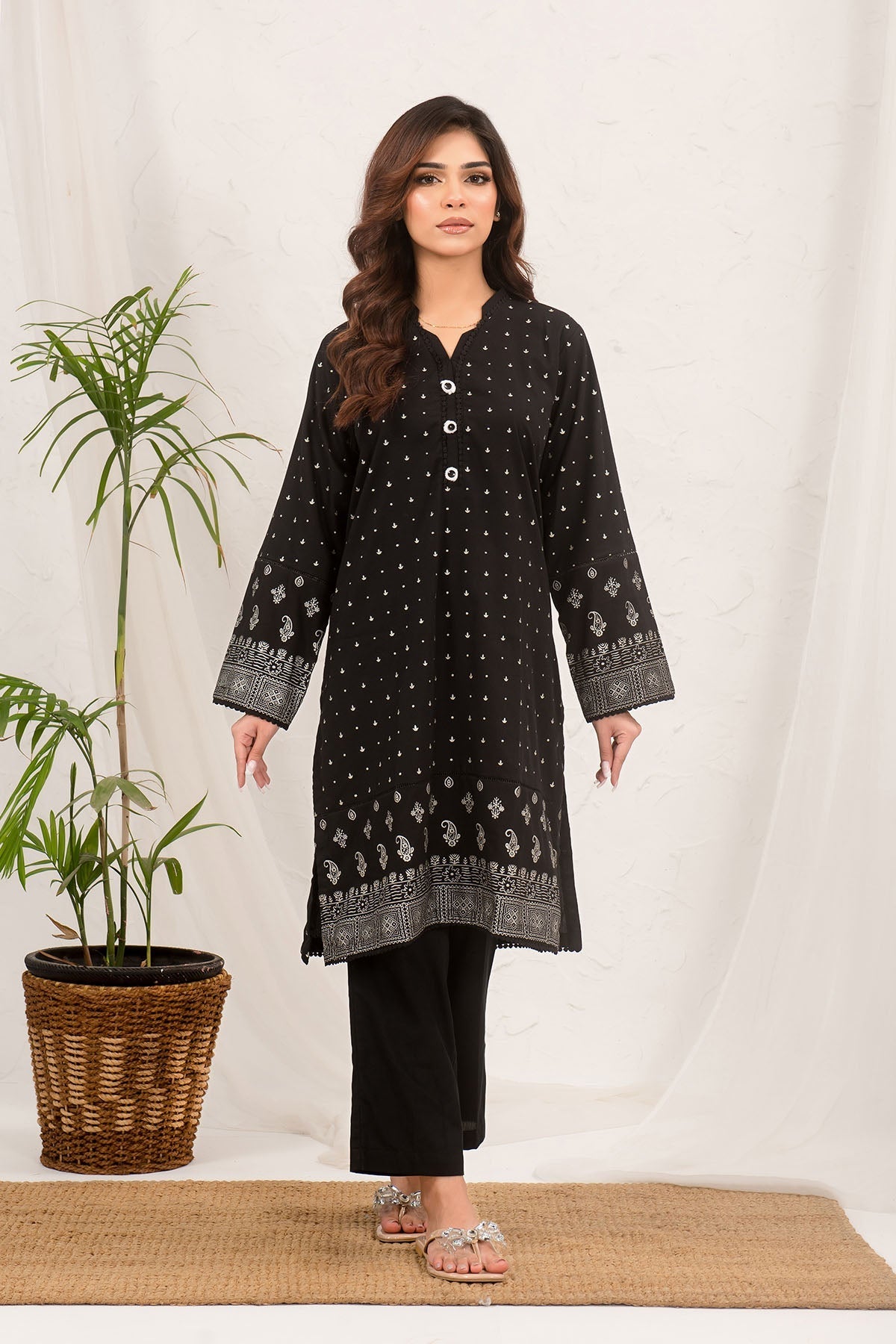Black Cotton Printed 2 Pc Suit for women, showcasing a stylish and elegant design, perfect for both casual and semi-formal occasions.