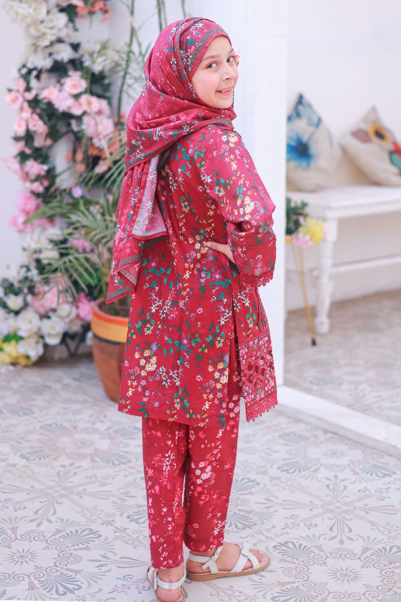 Shifa Girls By Suntex Stitched 3 Piece Emb Lacekaari Cutwork Collection'2025-OS-2509-Red