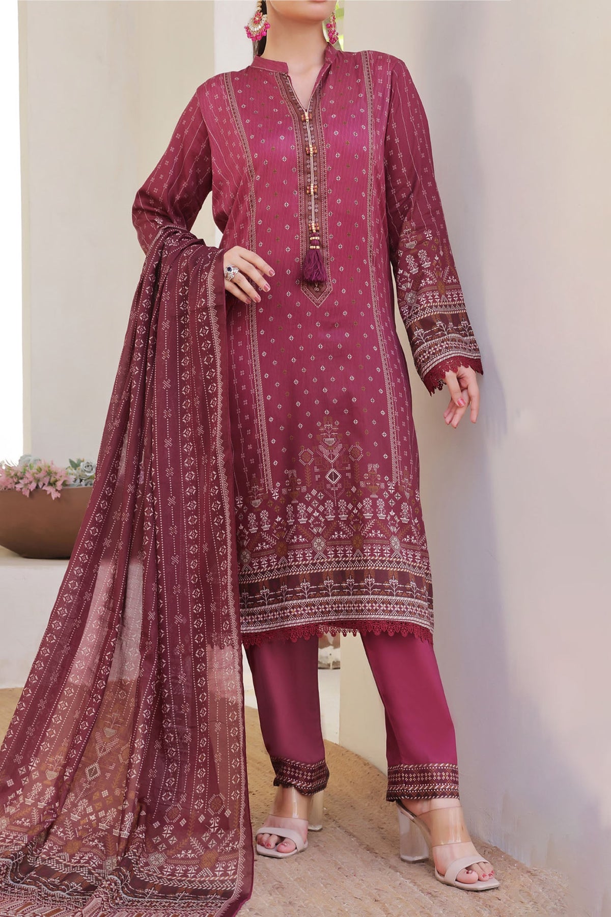 Aizal Stitched 3 Piece Printed Lawn Collection'2025-A-P-661-MAROON