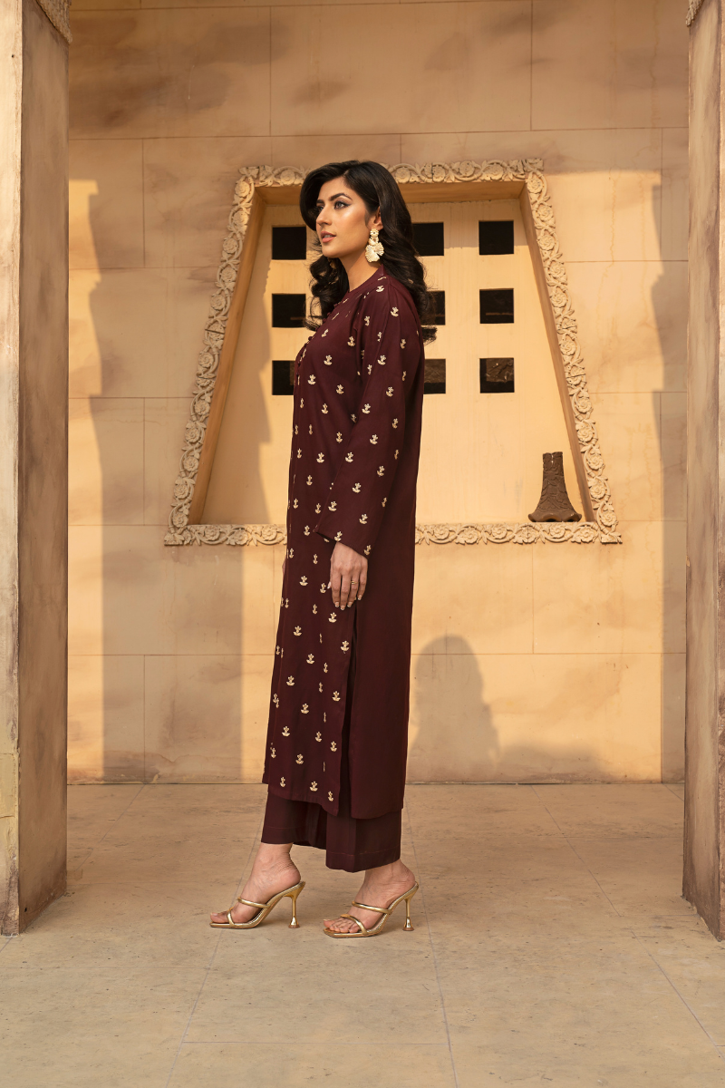 MYAURA Stitched 2 Piece Viscose Collection- Dark Brown