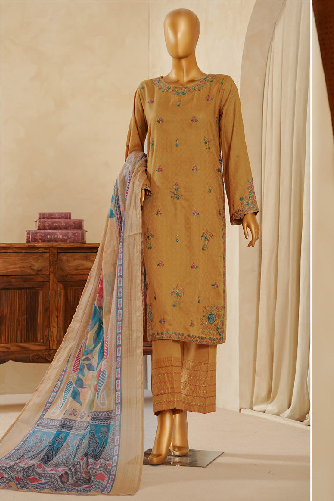 Muse By HZ Stitched 3 Piece Emb Dobby Jacquard Vol-04 Collection'2025-DEJ-3P-027-Golden Rod