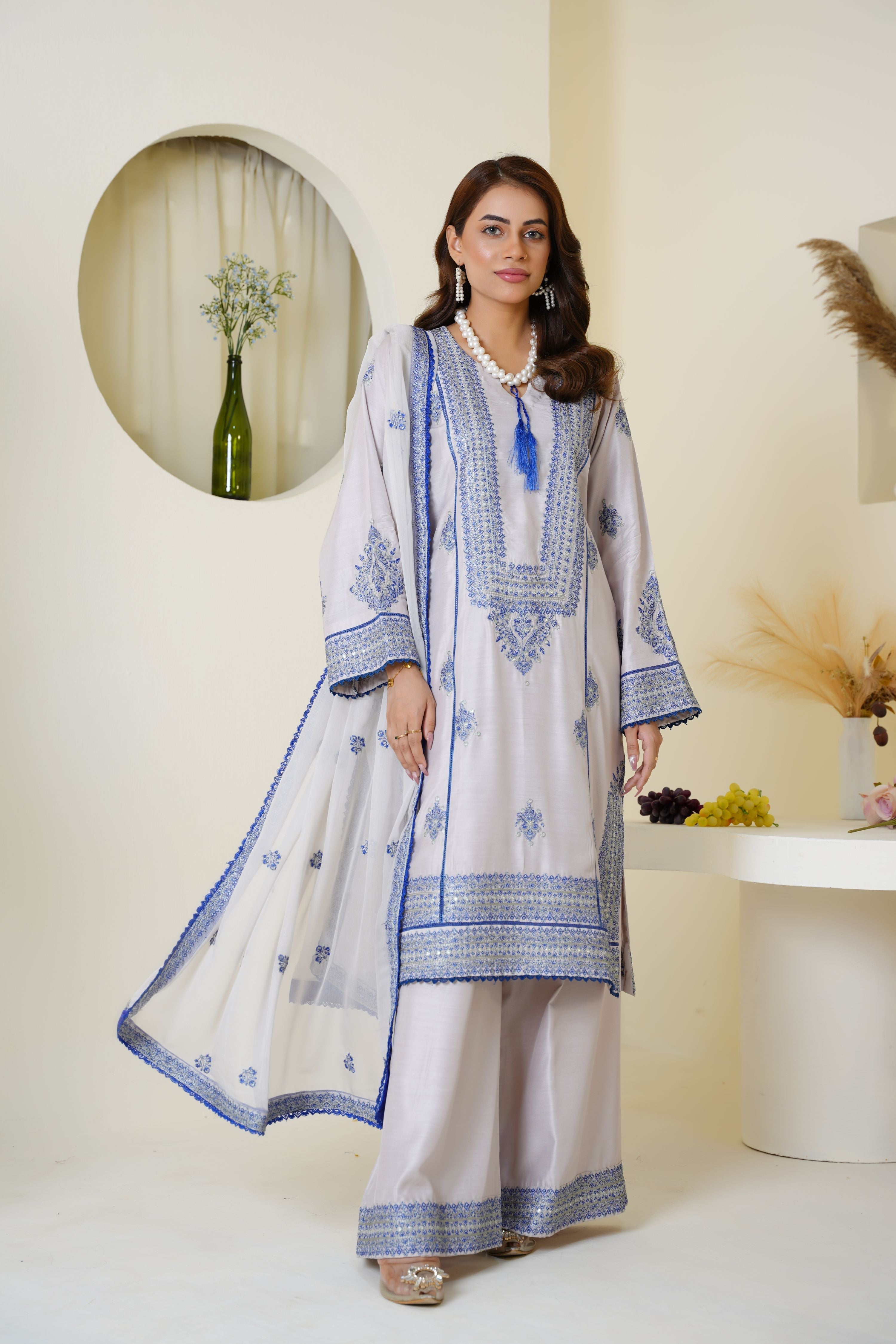 Threads & Weaves Icy Lavender & Blue Embroidered Viscose 3-Piece Suit