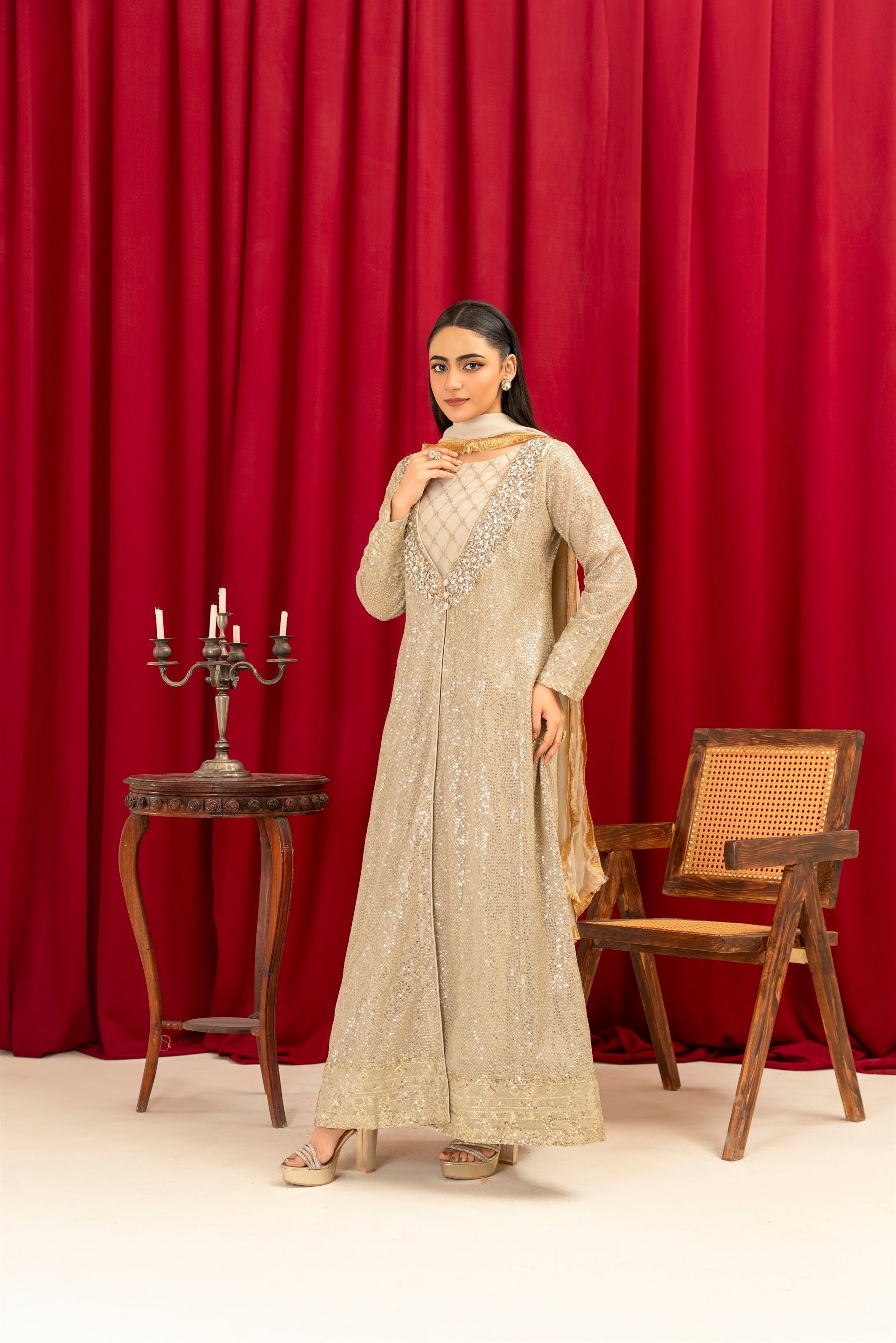 Manahils Stitched Formals K-135-Camel Brown
