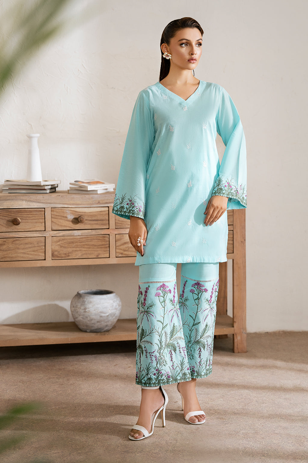 Zarposh Unstitched 2 Piece Emb Cotton Collection-Aqua