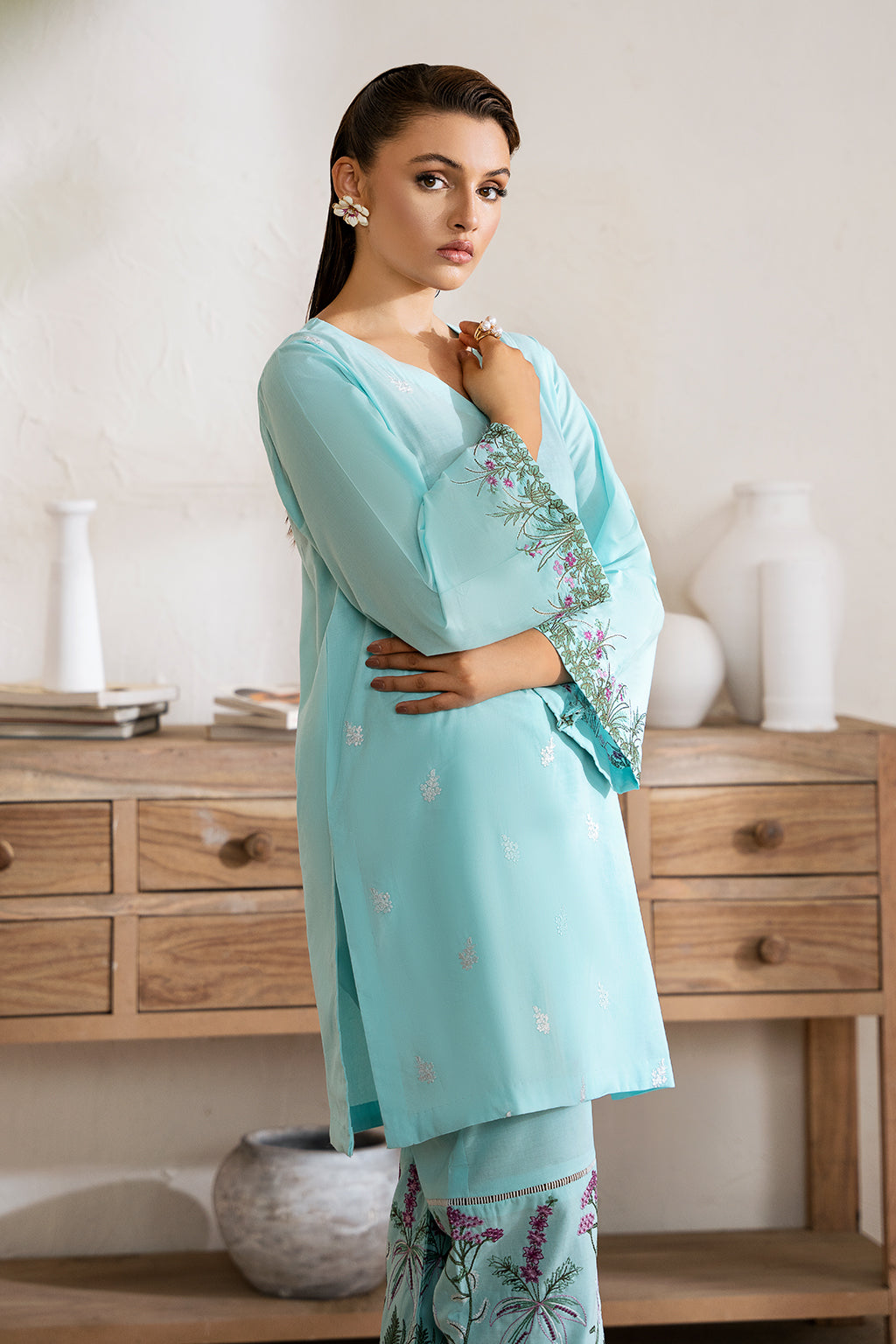 Zarposh Unstitched 2 Piece Emb Cotton Collection-Aqua