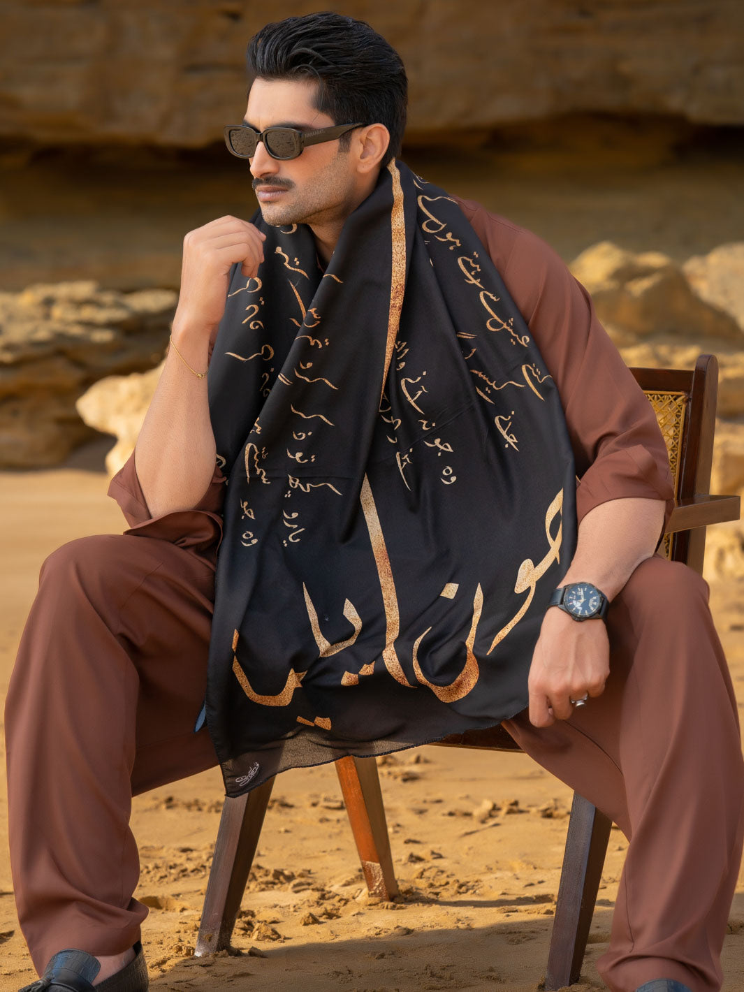 Tng By Md Men Stole Collection-Jaun Elia Stole (Black & Gold-Men)