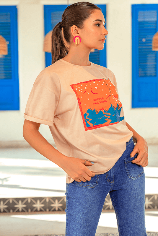 Z Street By Zaaviay Stitched Boxy Fit Graphic Tee (Nude)