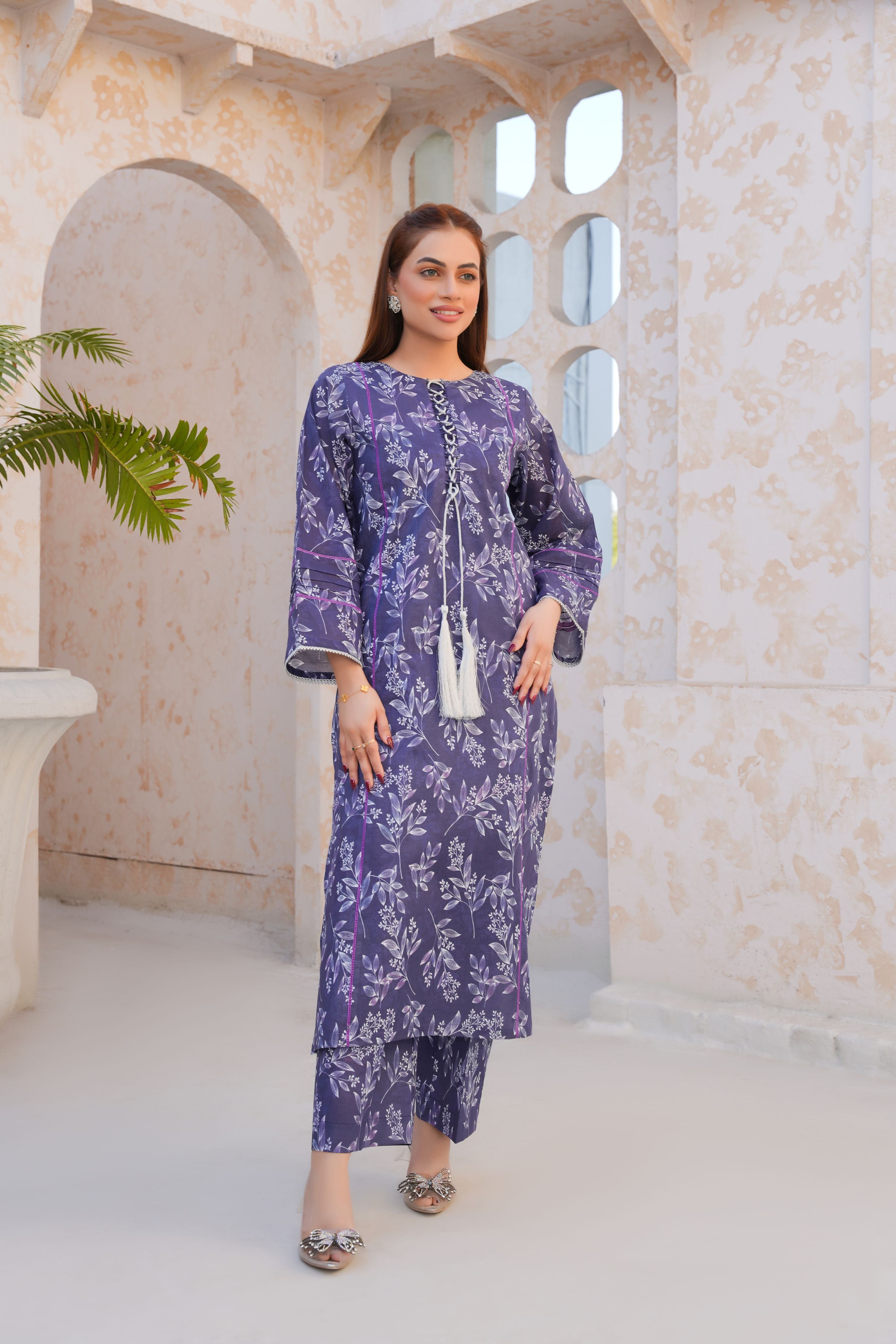 Threads & Weaves Stitched 2 Piece Lawn Collection'2025-Regal Purple Floral Lawn Suit-RTWL25102