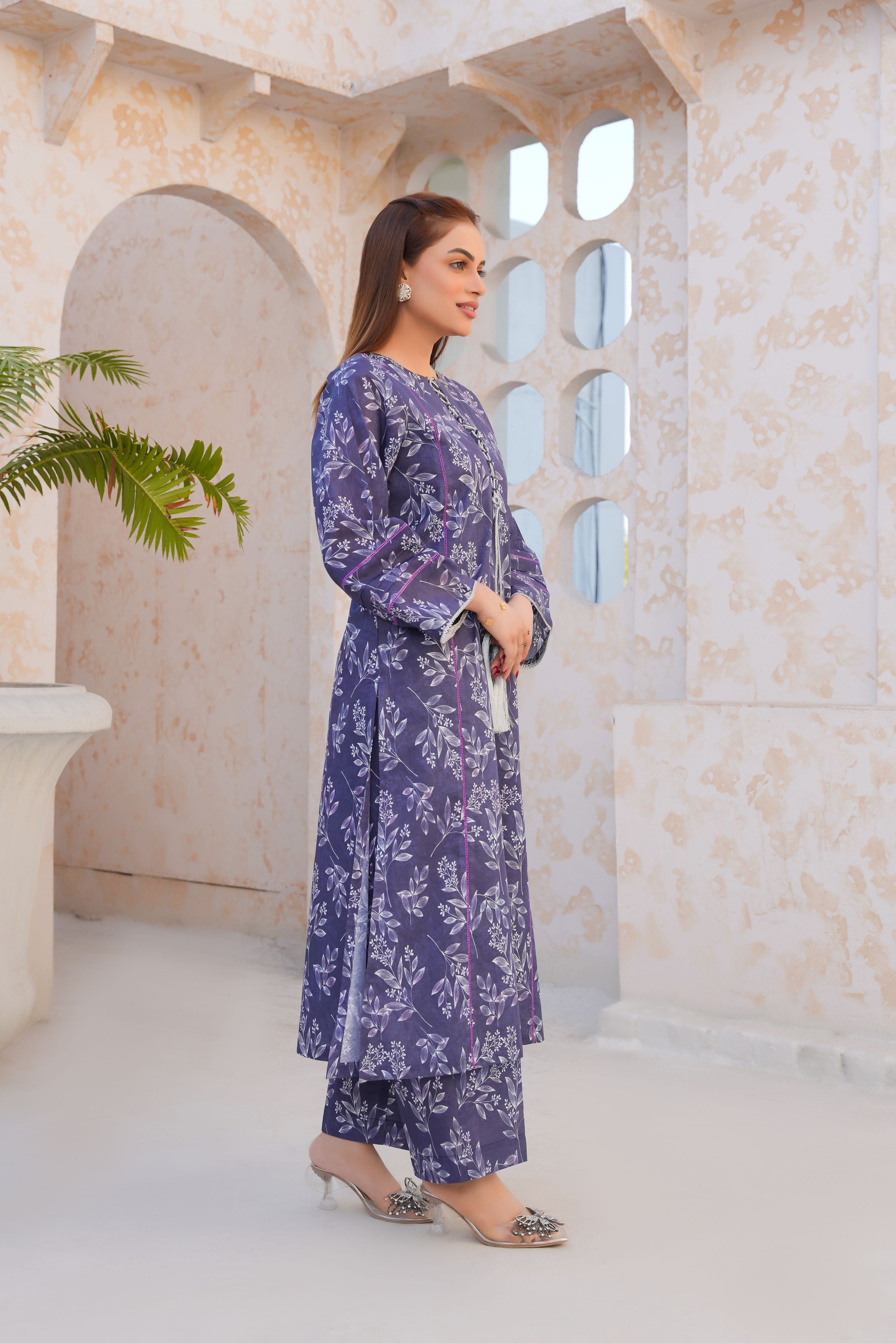 Threads & Weaves Stitched 2 Piece Lawn Collection'2025-Regal Purple Floral Lawn Suit-RTWL25102
