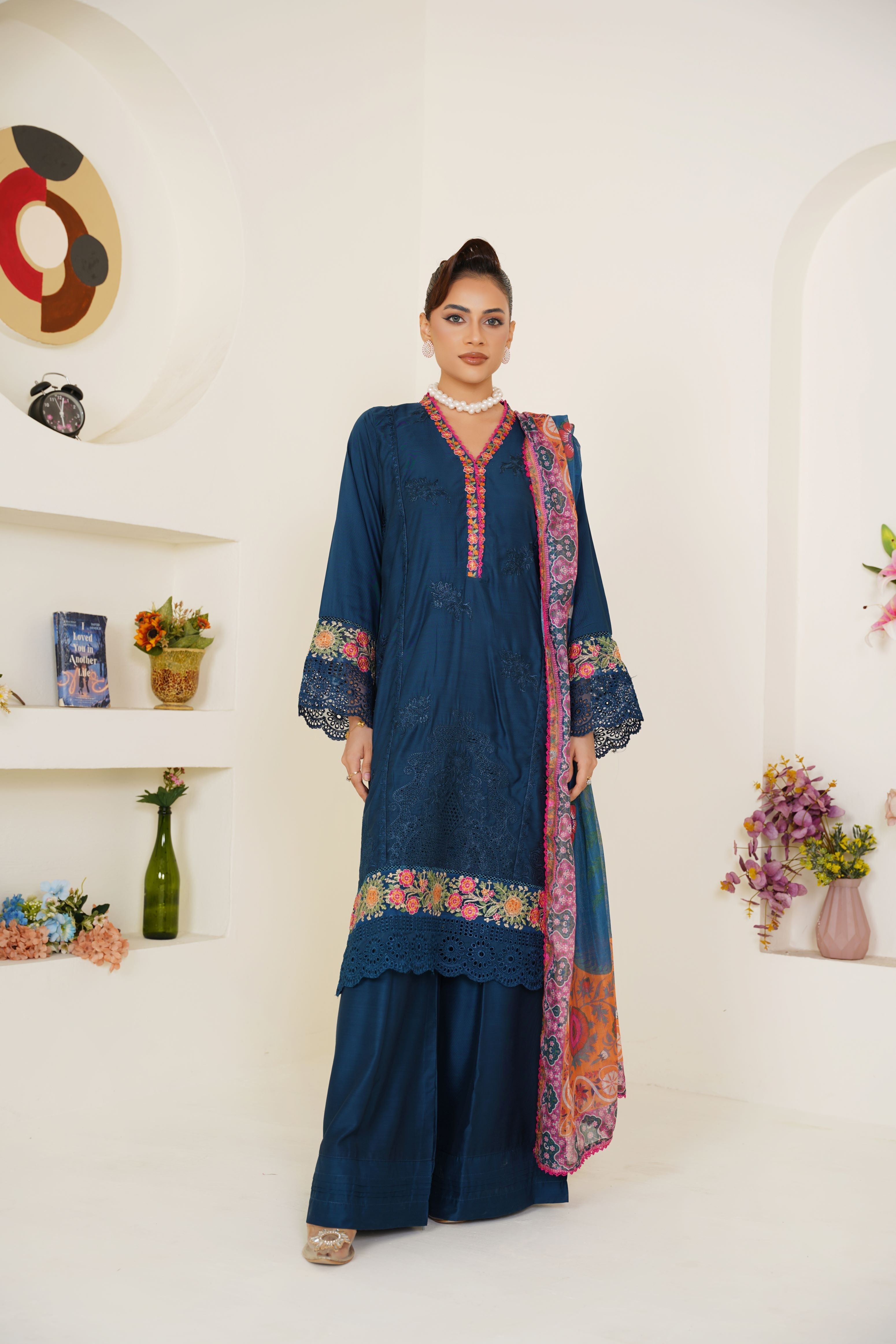 Threads & Weaves Zinc Embroidered Viscose 3-Piece Pret Suit with Multicolor Dupatta