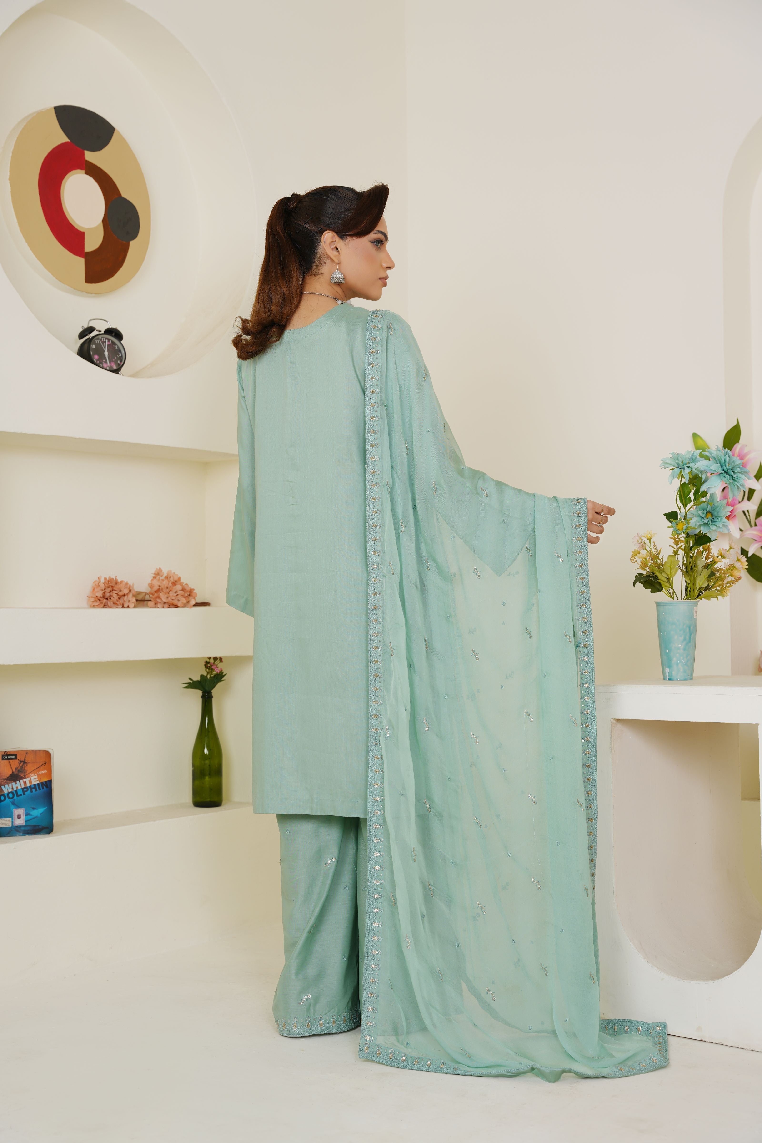Threads & Weaves Pastel Sea Green Solid 3-Piece Ready-to-Wear Suit with Embroidered Dupatta & Trouser