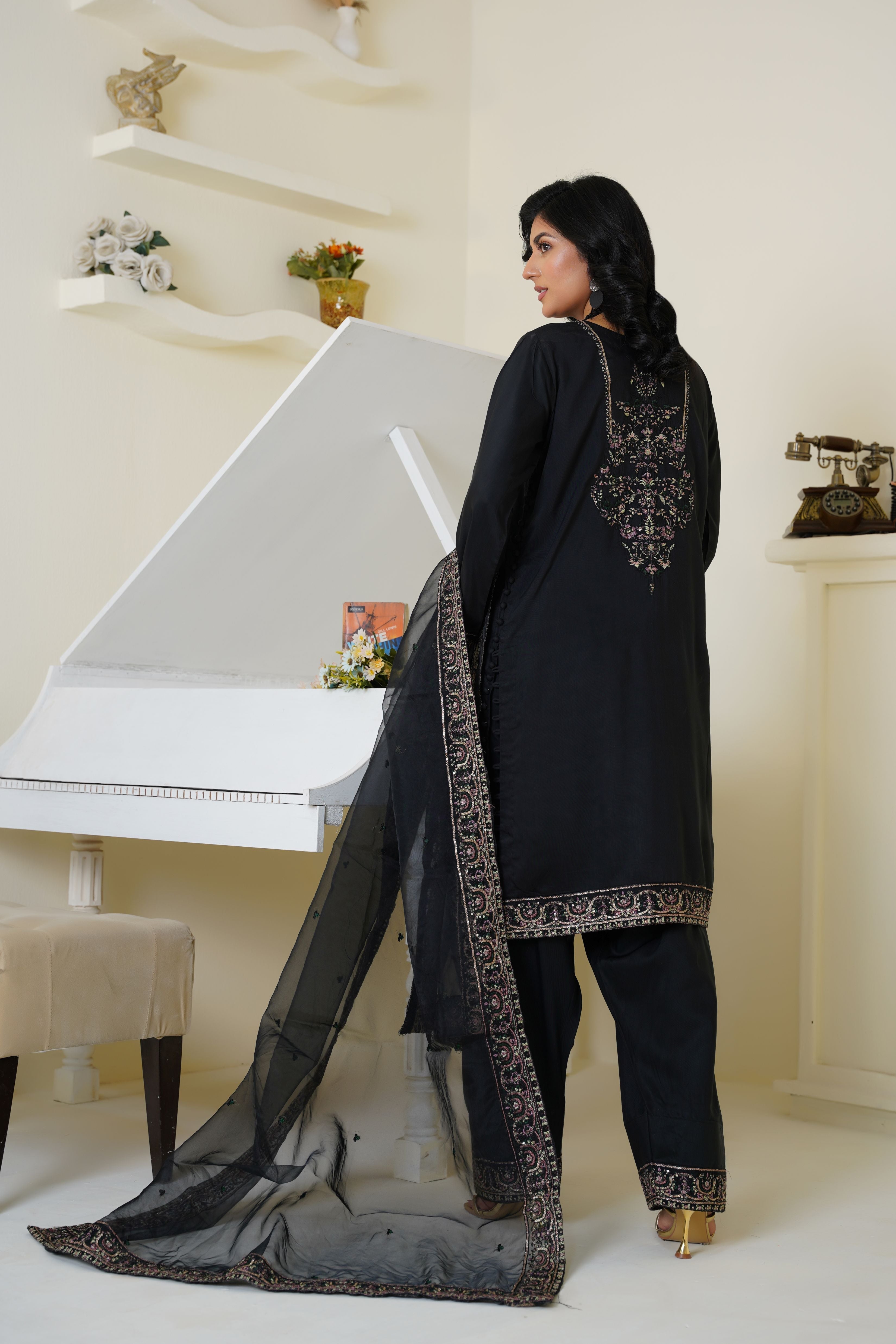 Threads & Weaves Classic Black Embroidered Viscose 3-Piece Suit