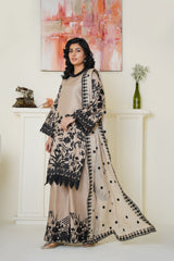 Threads & Weaves Chic Beige & Black Embroidered Viscose 3-Piece Suit