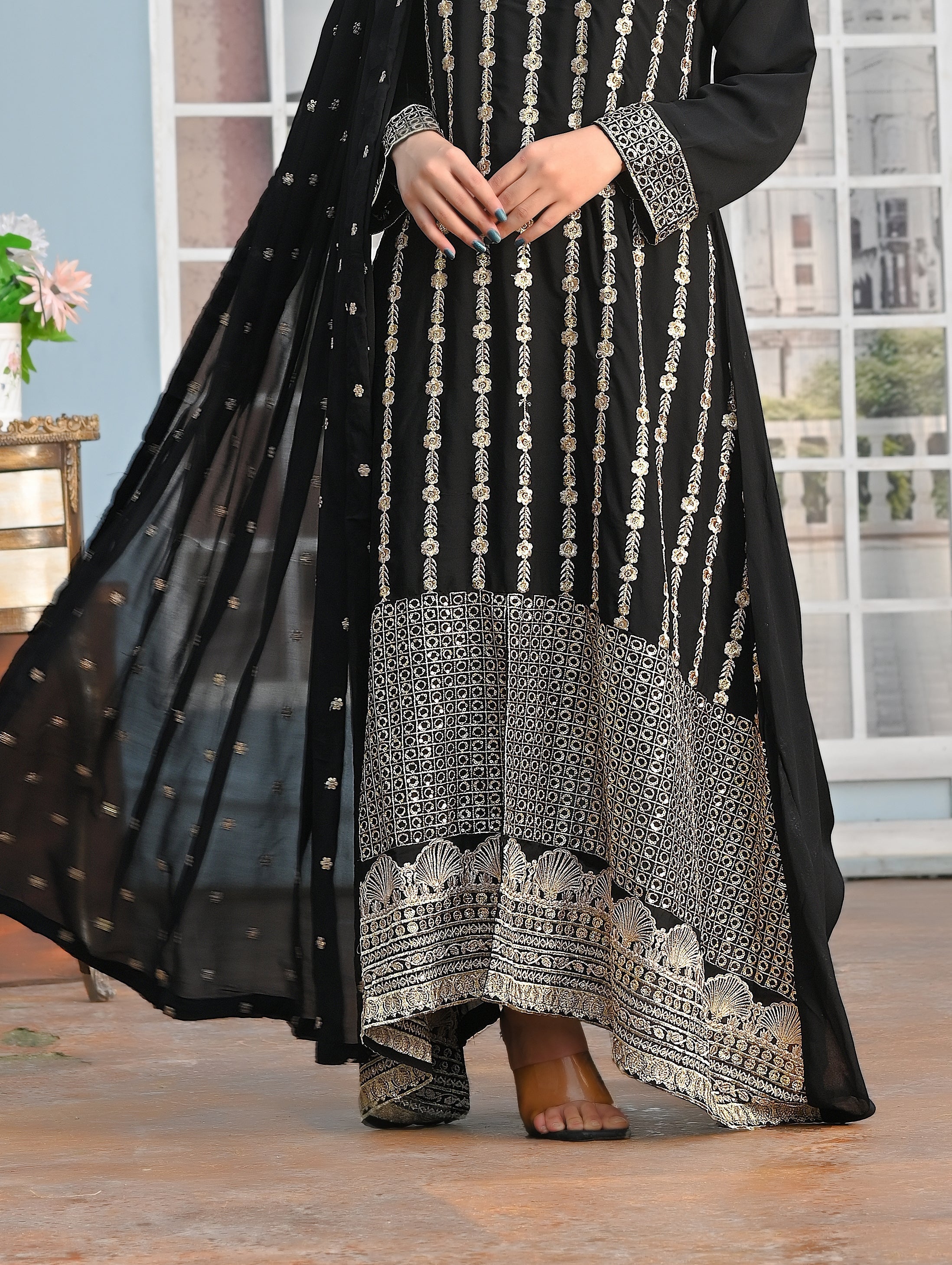 Zaib E Hoor Embroidery Long Frock Stitched 3-pc Suit