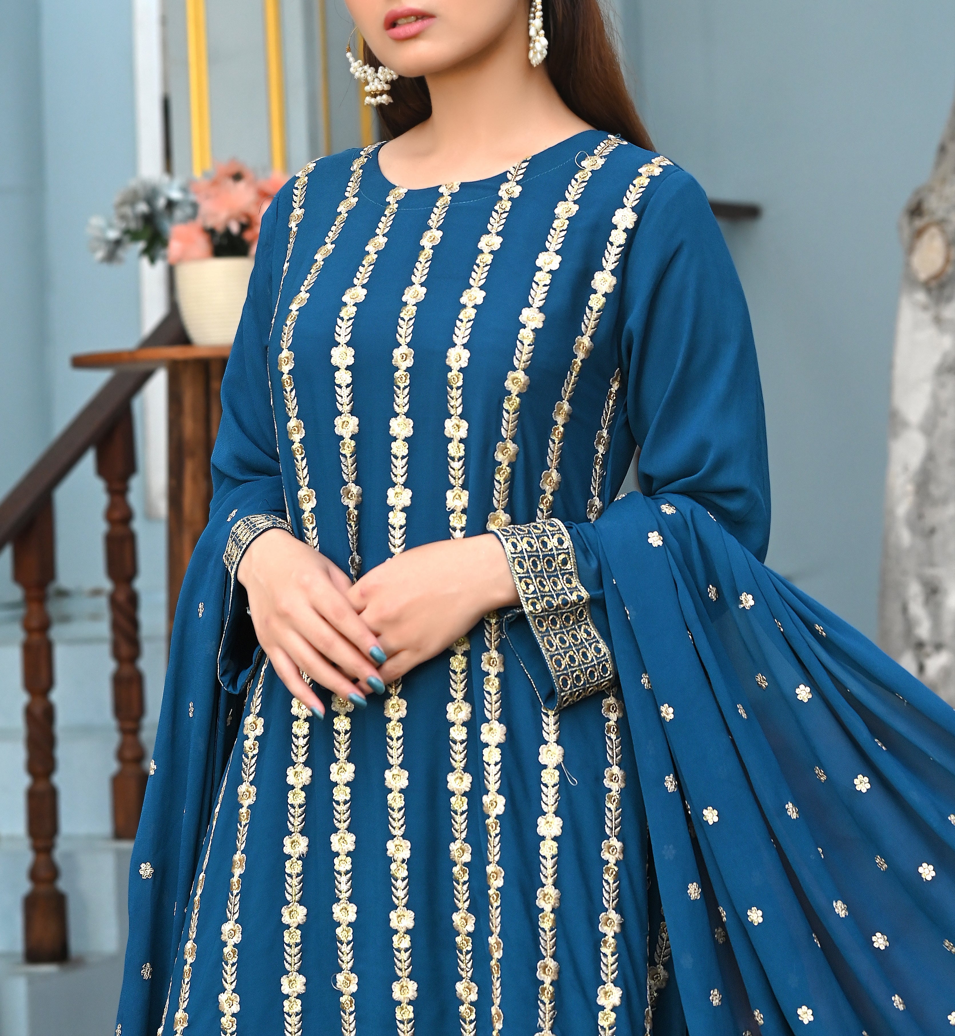 Zaib E Hoor Embroidery Long Frock Stitched 3-pc Suit