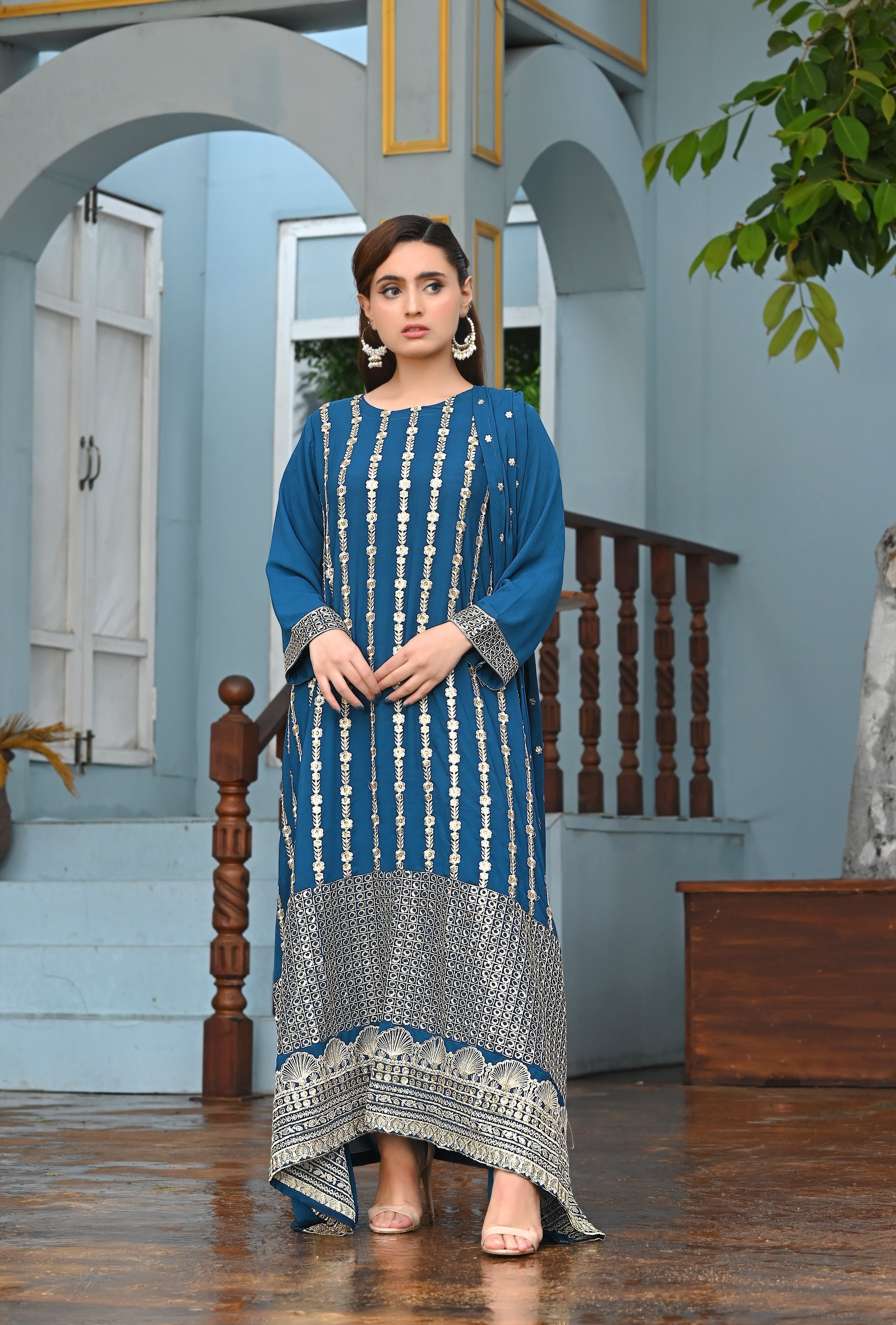Zaib E Hoor Embroidery Long Frock Stitched 3-pc Suit