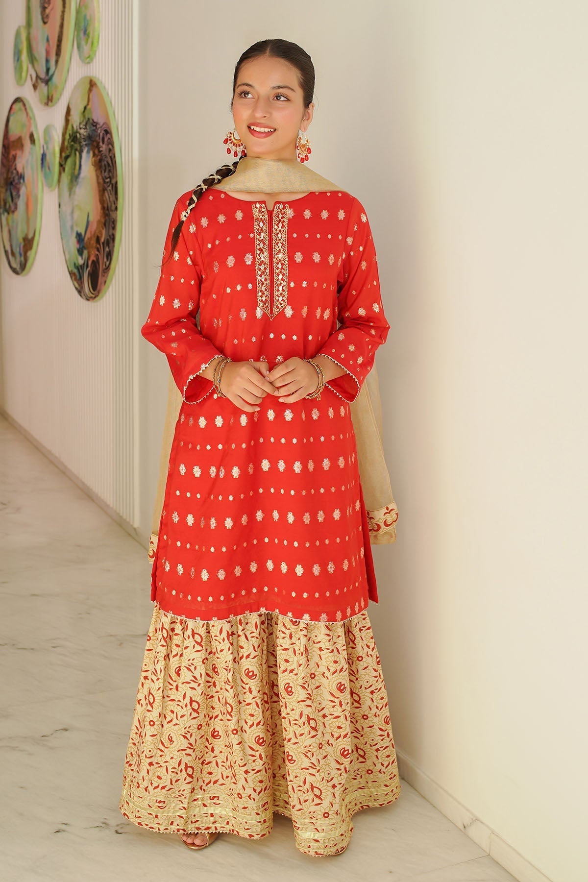 The Elegant Zari Jacquard Hand Adda Work 3-Piece Ensemble features exquisite hand-embroidered detailing on rich jacquard fabric, ideal for sophisticated events.