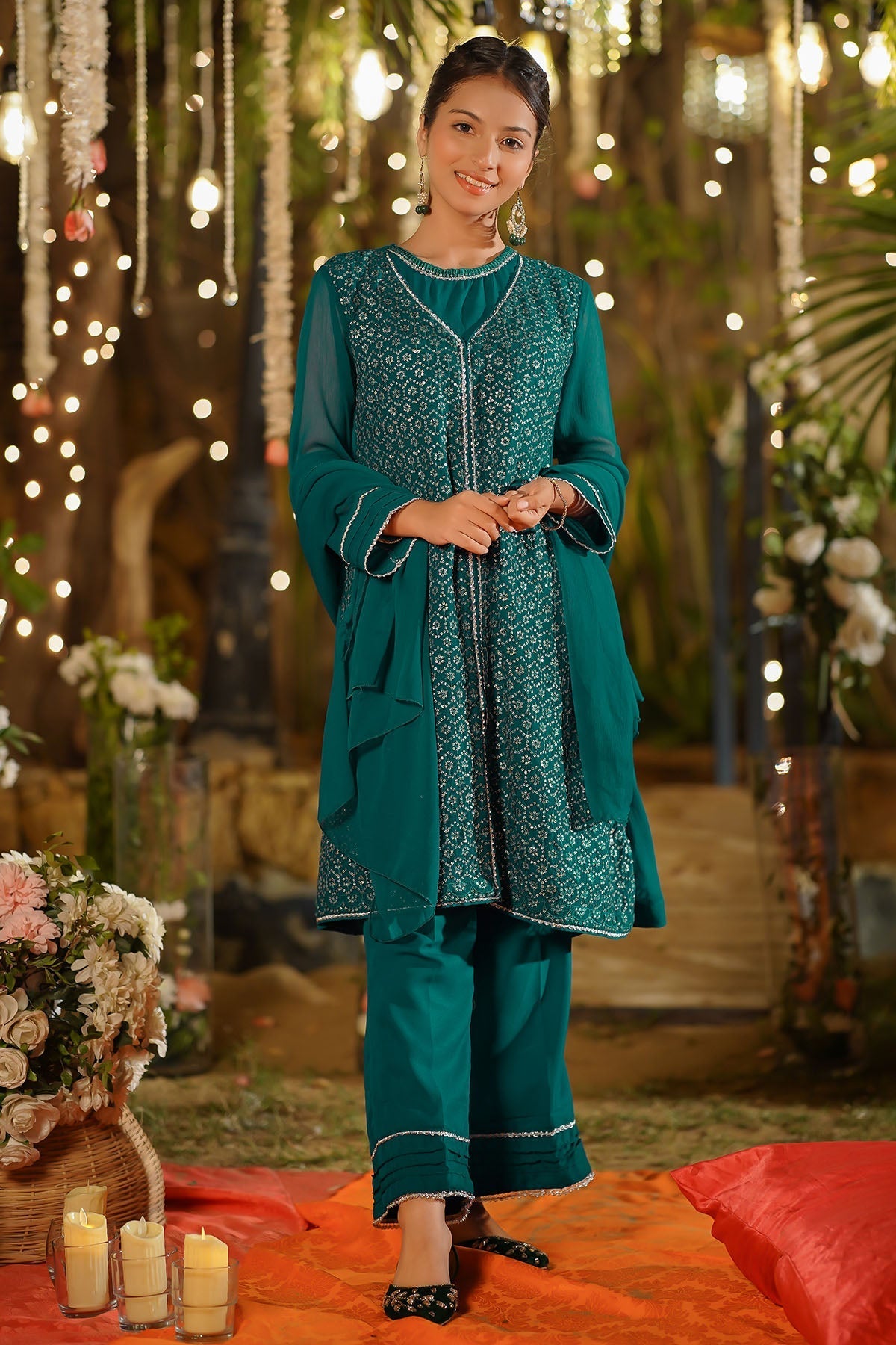Ochre Clothing Girls Full Suits Chiffon Embroidered 3 Pc Suit