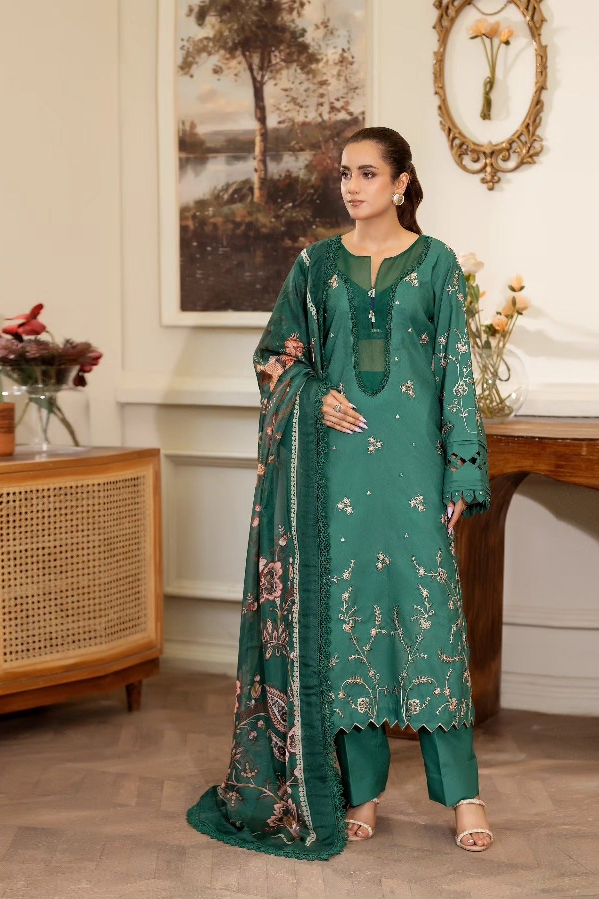 Summer Scent By Nine Needles Stitched 3 Piece Summer Collection'2025-Emerald Dream-NP-09