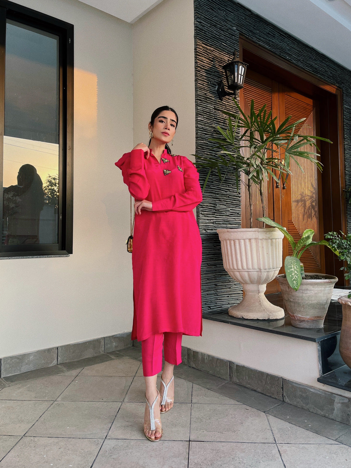 Manahils Stitched Pink Puffy Sleeves Raw Silk