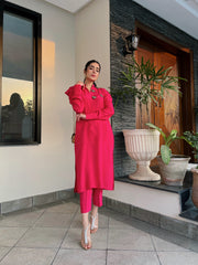 Manahils Stitched Pink Puffy Sleeves Raw Silk