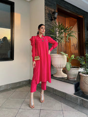 Manahils Stitched Pink Puffy Sleeves Raw Silk