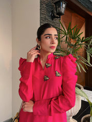 Manahils Stitched Pink Puffy Sleeves Raw Silk