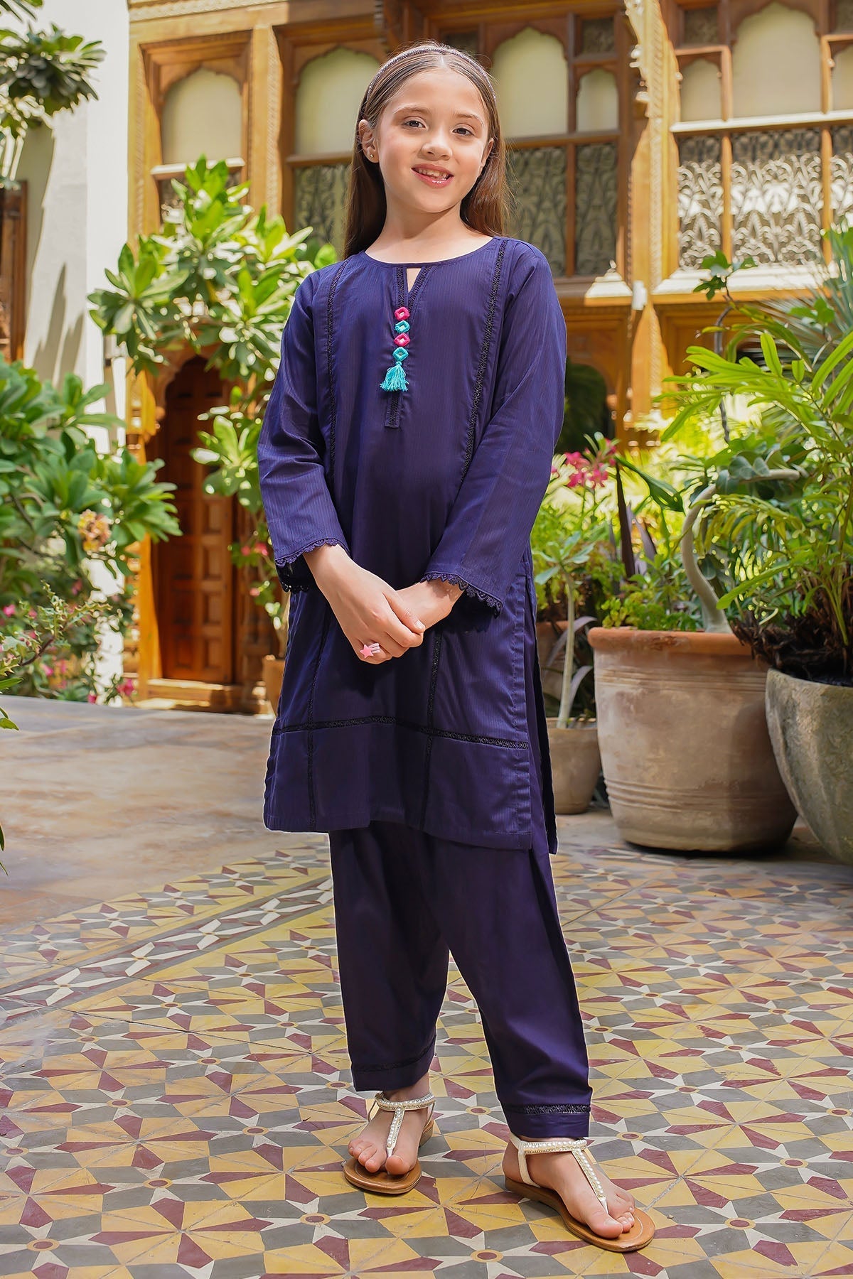 Adorable Dobby Cotton 2 Pc Suit for girls! Hand-embellished, breathable & perfect for Eid, weddings & parties