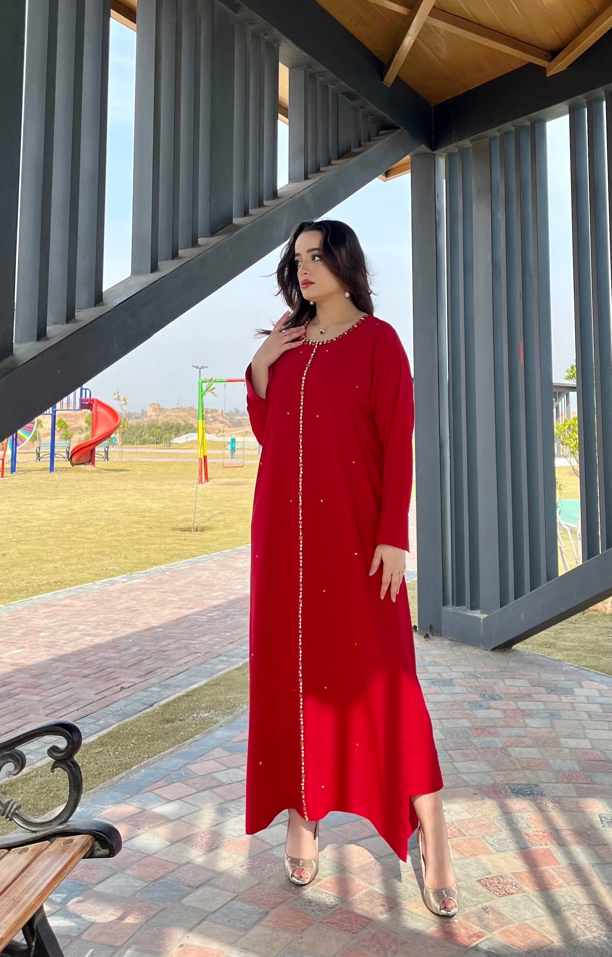 Manahils Stitched Red Embellished Swarovski