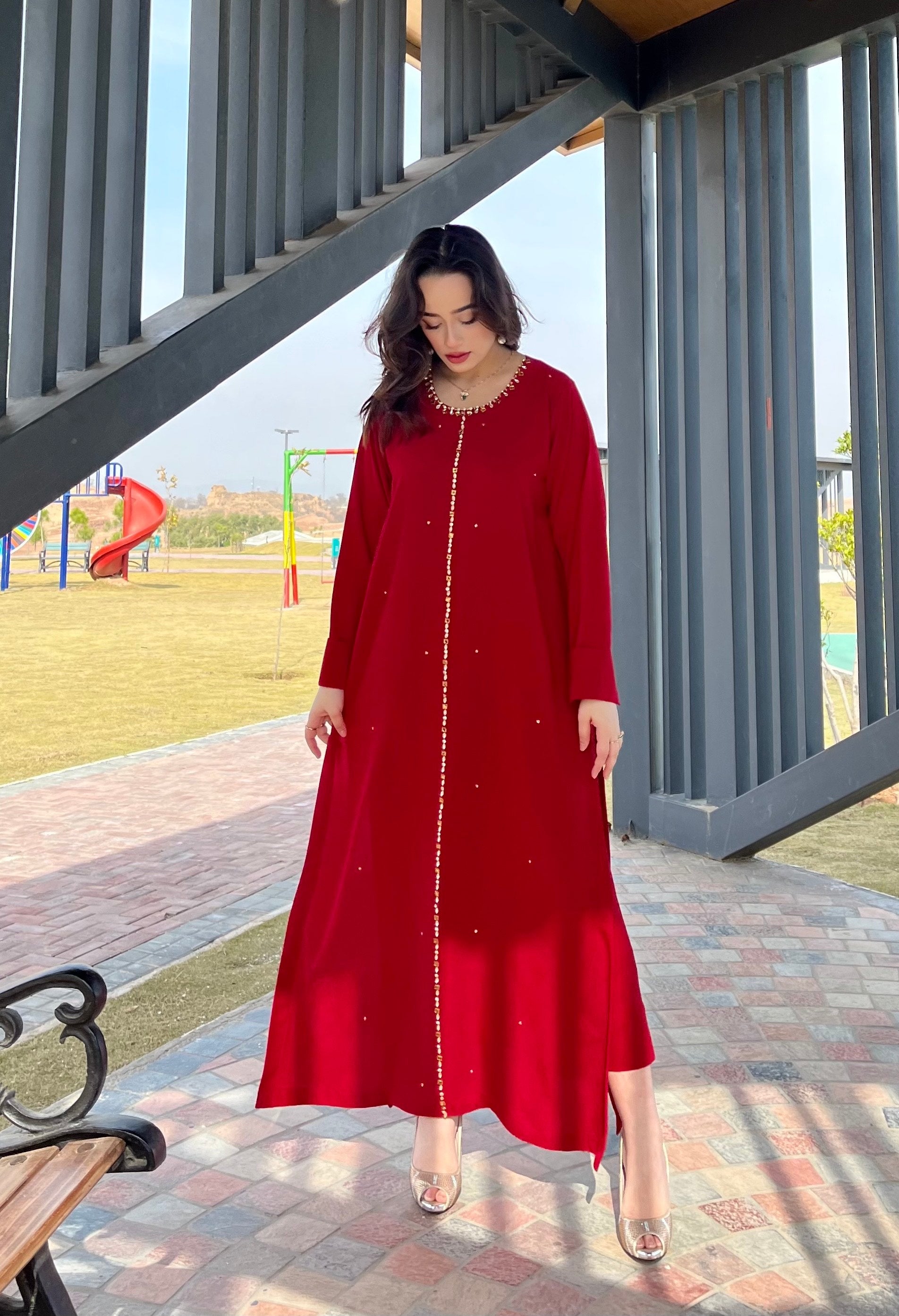 Manahils Stitched Red Embellished Swarovski