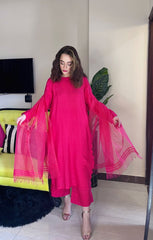 Manahils Stitched Pink Raw Silk Outfit With Dupatta (3Pc)