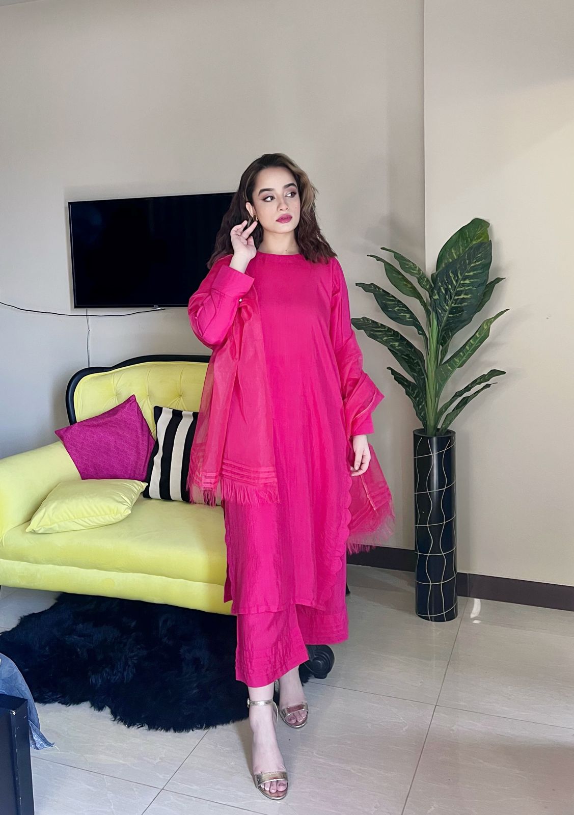 Manahils Stitched Pink Raw Silk Outfit With Dupatta (3Pc)