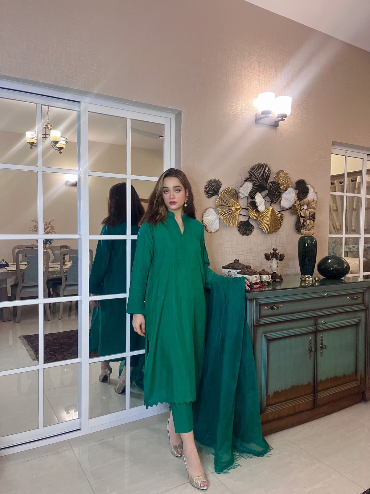 Manahils Stitched Green Raw Silk (3Pc)