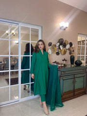 Manahils Stitched Green Raw Silk (3Pc)
