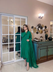 Manahils Stitched Green Raw Silk (3Pc)