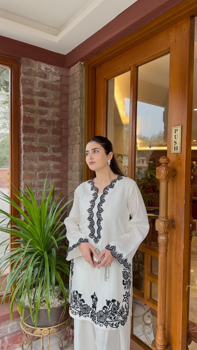 Manahils Stitched 2 Piece White Farshi Shalwar Set