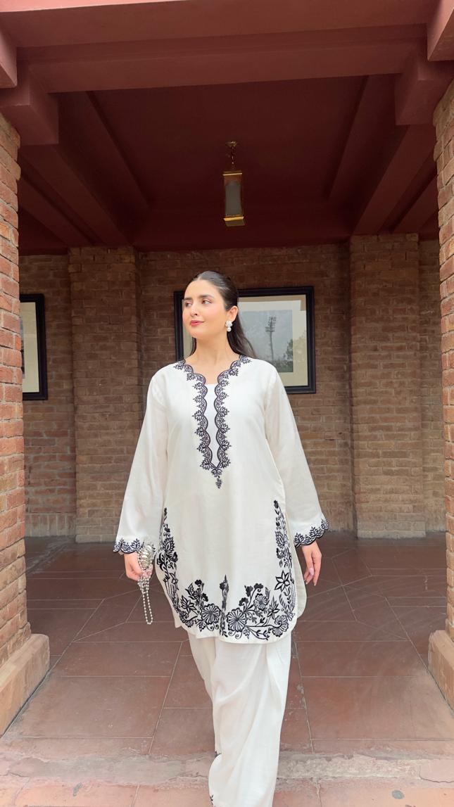Manahils Stitched 2 Piece White Farshi Shalwar Set