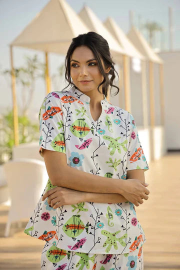 Studio By Arj Layla Amal Luxe Lifestyle Summer Collection Breathable Cotton Finish Fish Multi-Color Pajama Set