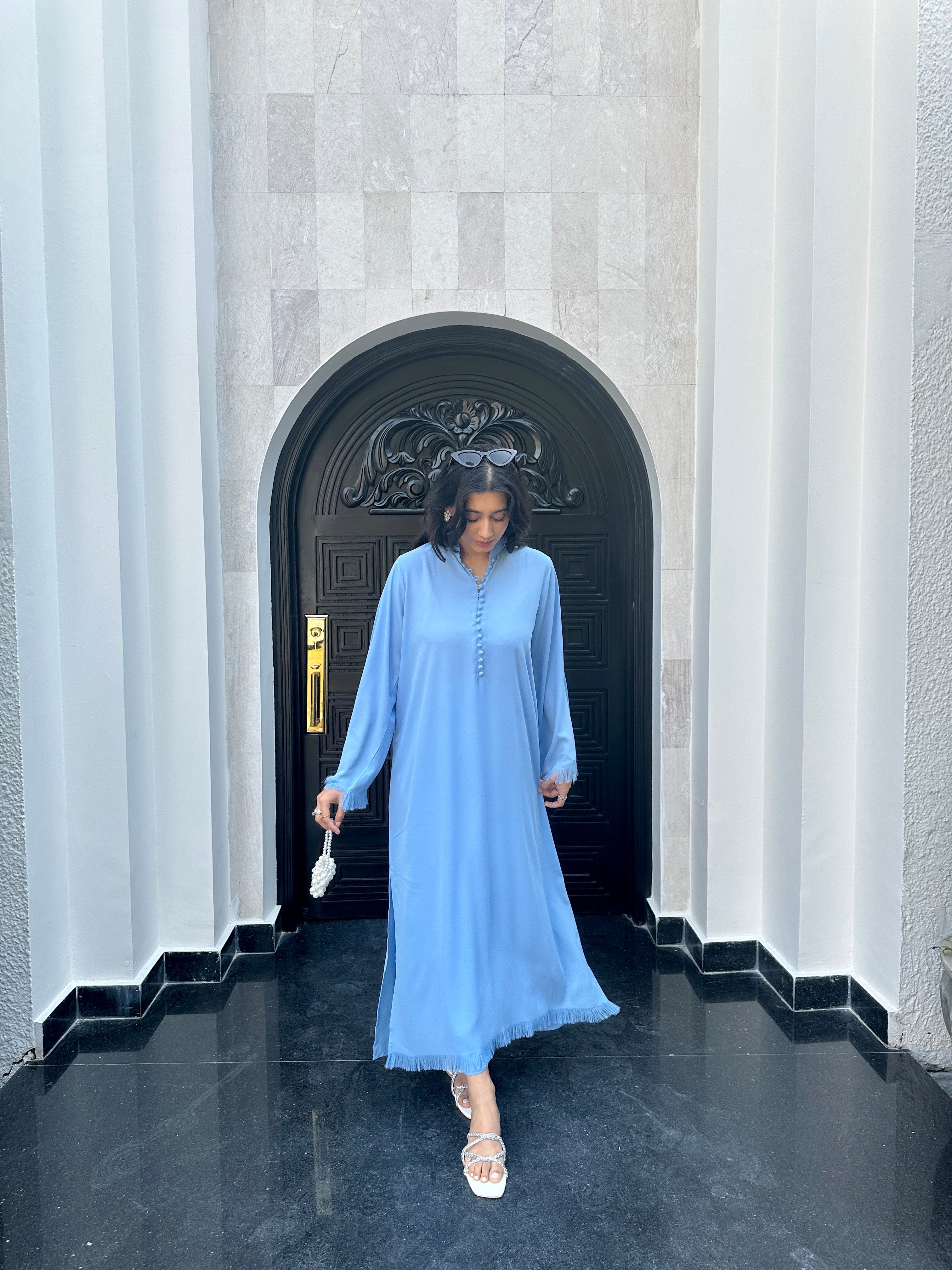 Manahils Stitched Ice Blue Button Set+Fringes