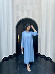 Manahils Stitched Ice Blue Button Set+Fringes